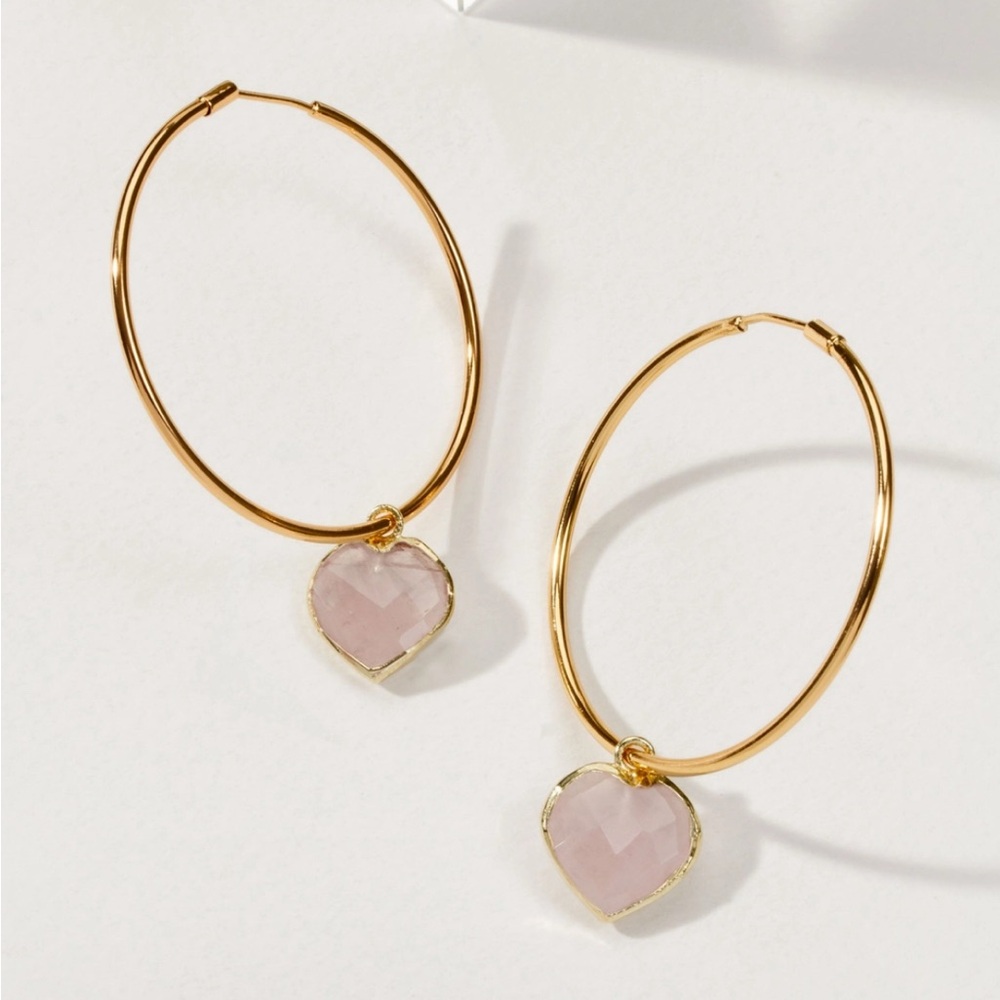 Gold Heart Hoop Earrings - Rose Quartz